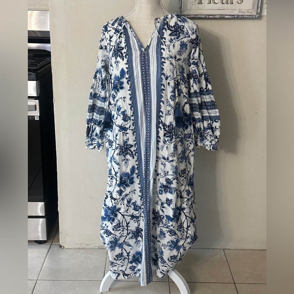 Blue and White Casual Mock Neck Sundress with Bishop Sleeves